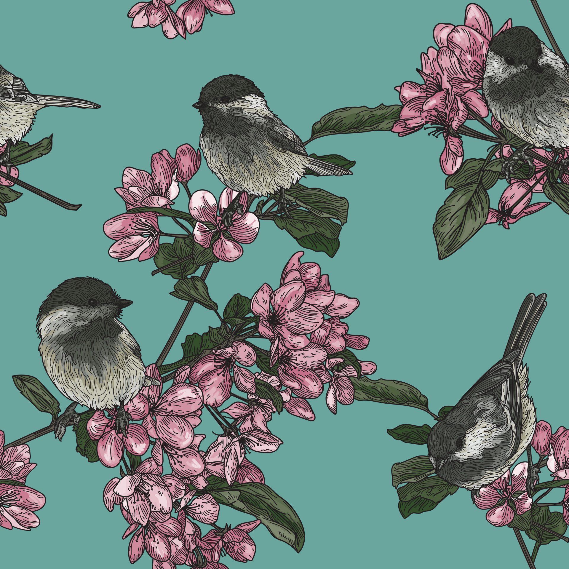 Chickadee and Blossom Pattern
