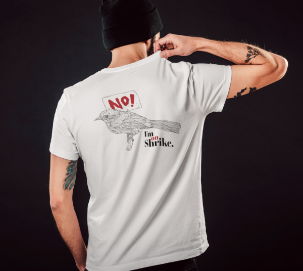 tee shirt with "I'm on Shrike" and bird printed on back