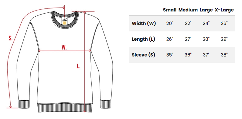 crewneck sweatshirt sizing chart