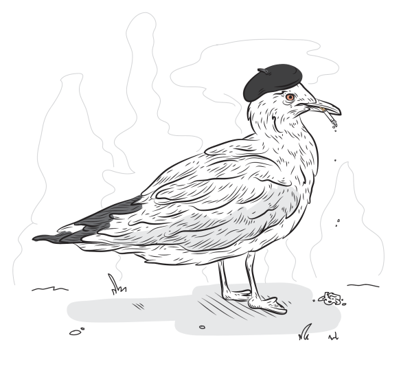 Artwork of a seagull wearing a beret and smoking a dangling cigarette