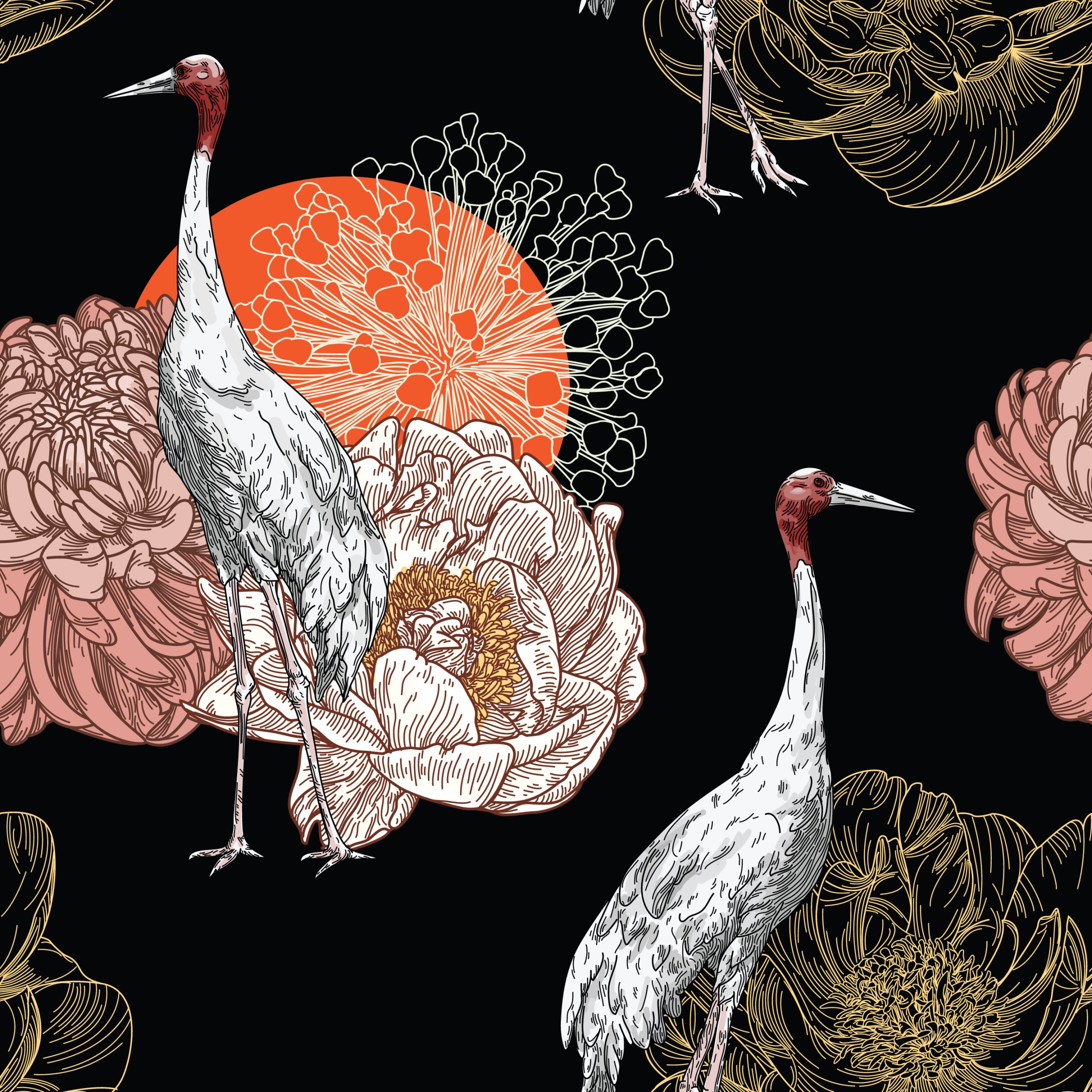 Standing cranes on a floral pattern