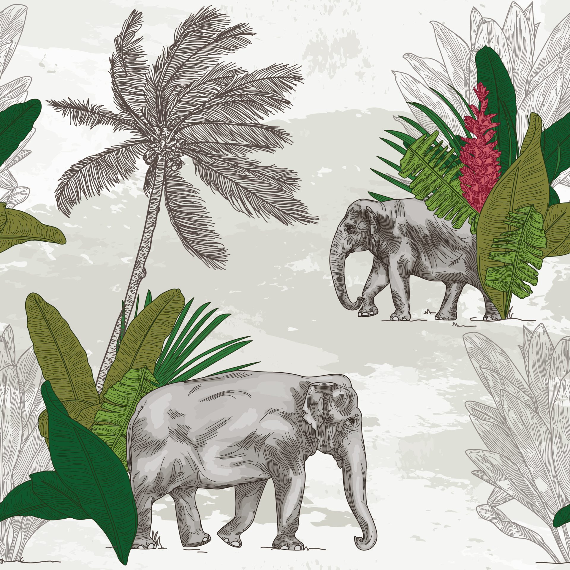 pattern with elephants and tropical plants
