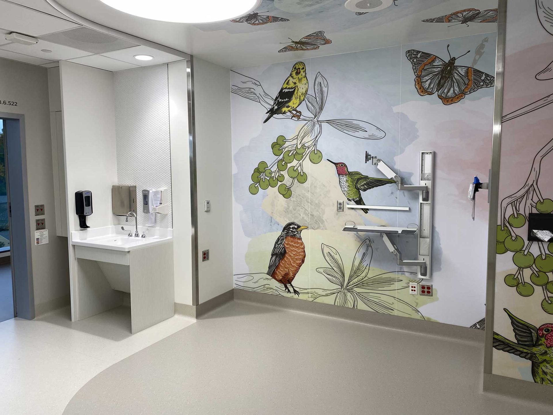 Mural on wall of patient room at Seattle Children's Hospital featuring birds and butterflies native to Seattle
